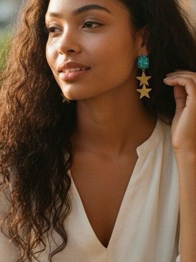 Green Double North Star Earrings