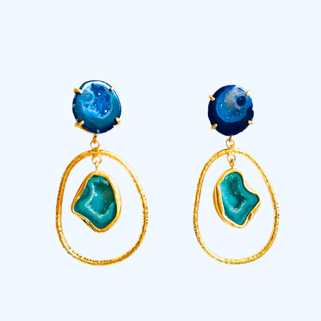Blue & Green Hoop Rock Drops Earrings