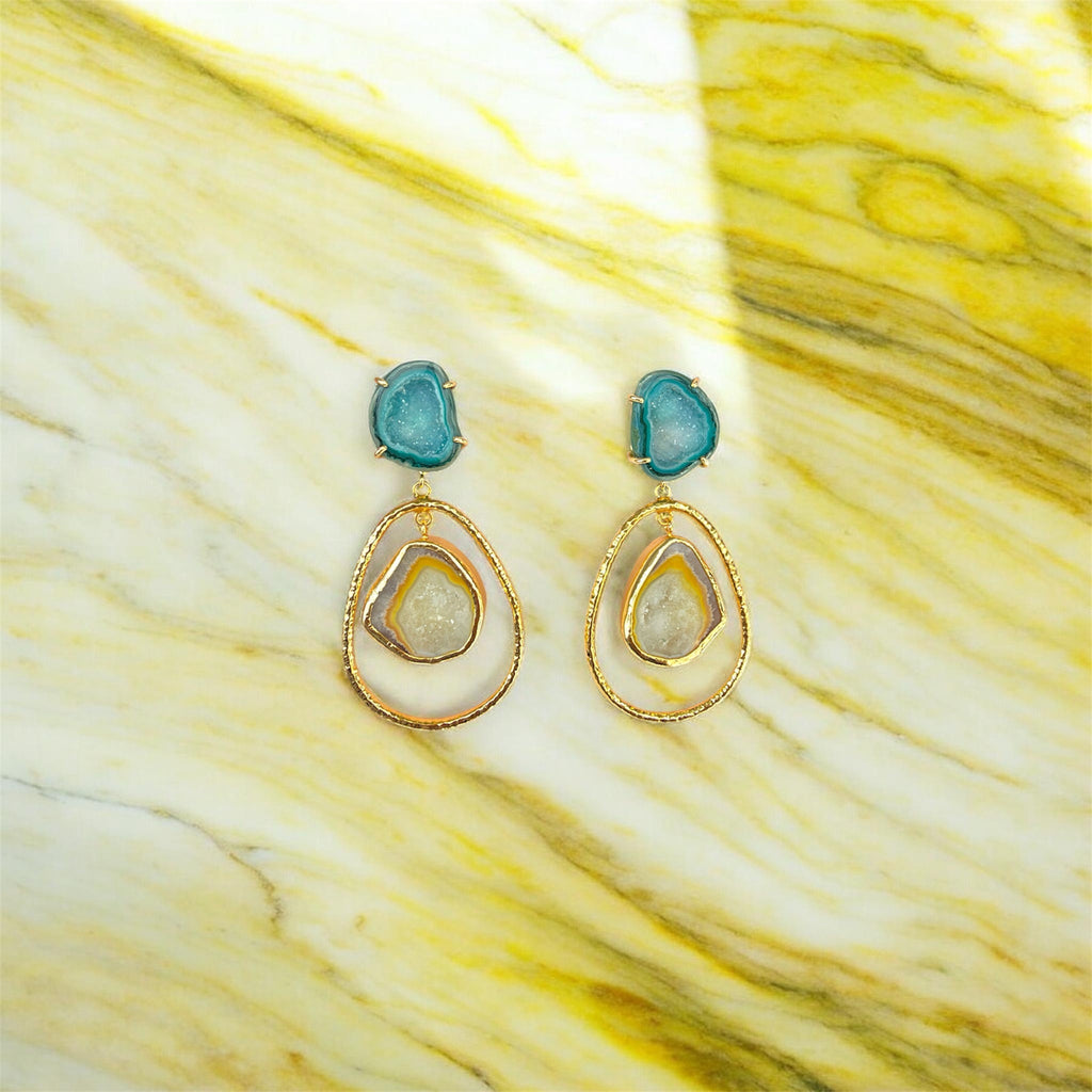 Green & Yellow Hoop Rock Drops Earrings