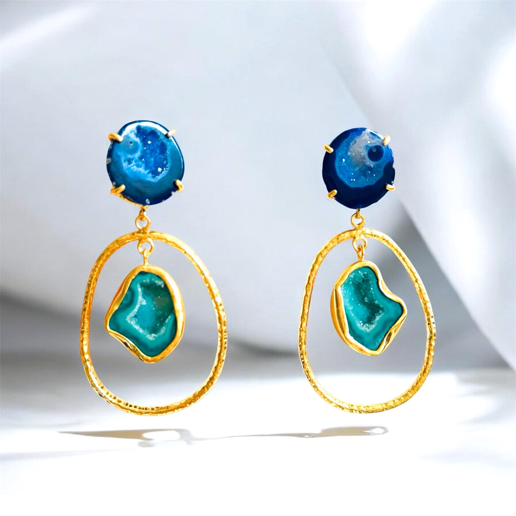 Blue & Green Hoop Rock Drops Earrings