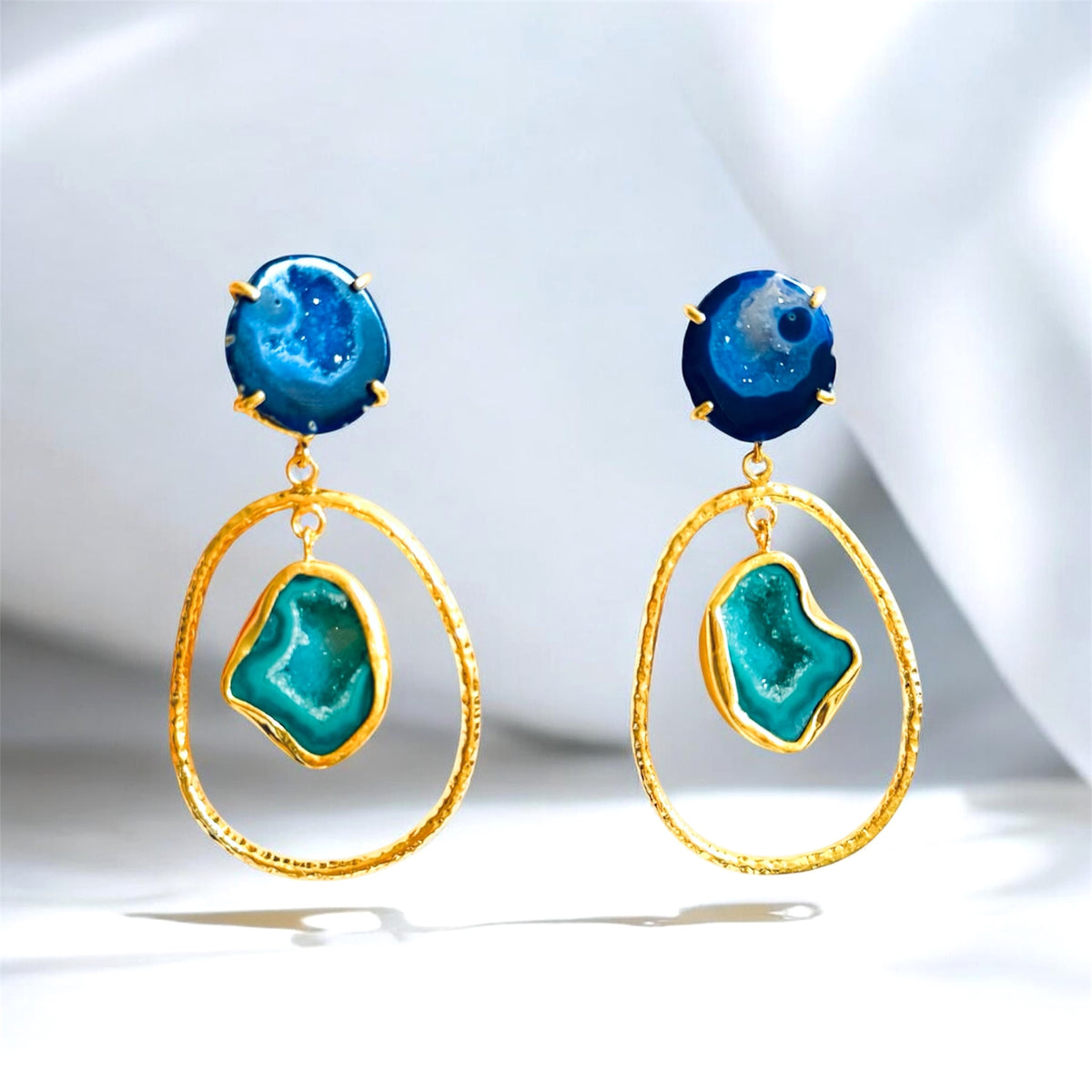 Blue & Green Hoop Rock Drops Earrings