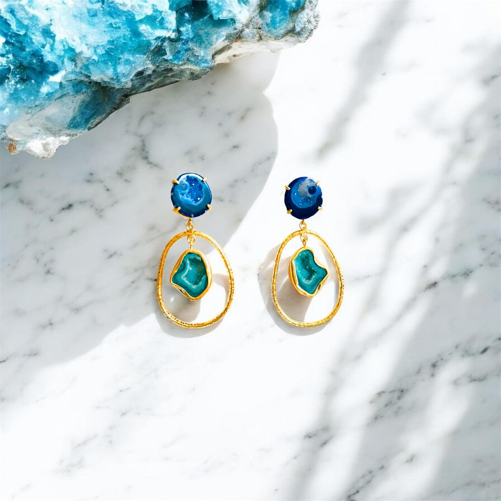 Blue & Green Hoop Rock Drops Earrings