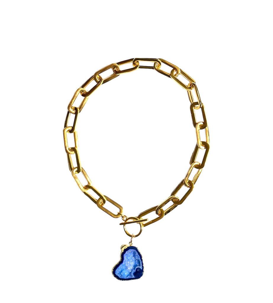 Blue Oval Chain T-Bar Necklace