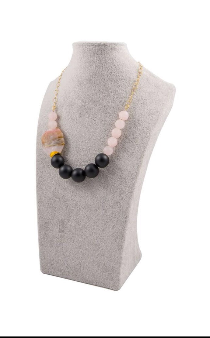 Peruvian Pink Opal and Black Onyx Statement Necklace